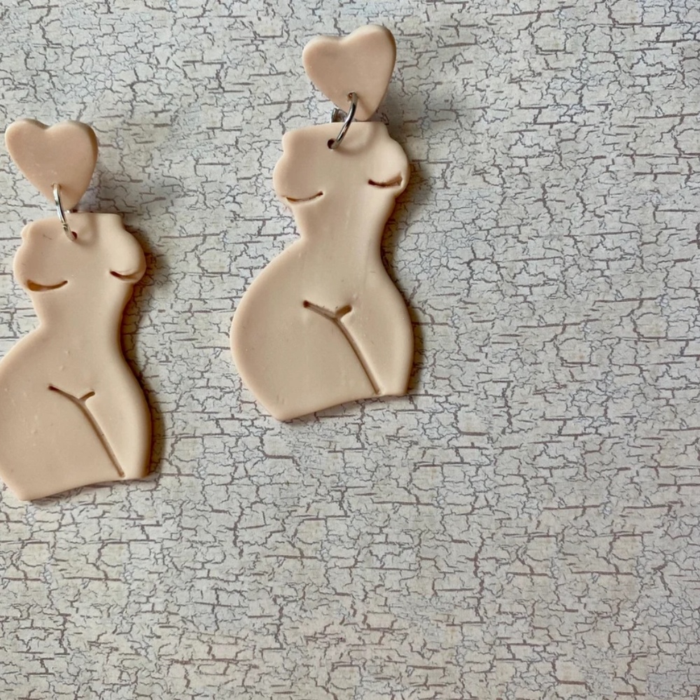 Handmade Clay Earrings | Forms of a Woman Silhouette | Light Pink w/ Heart Studs